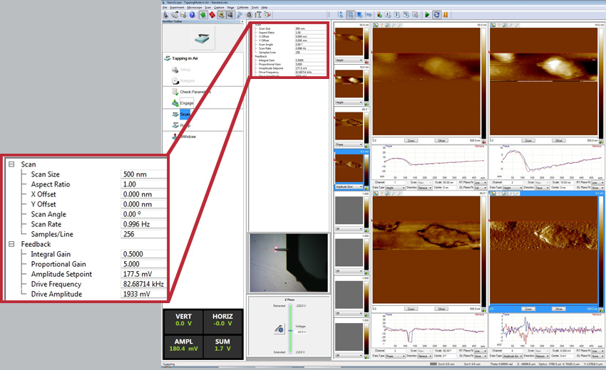 Step 6 - scan sample, check and adjust scan parameters, for measuring in soft tapping mode FM